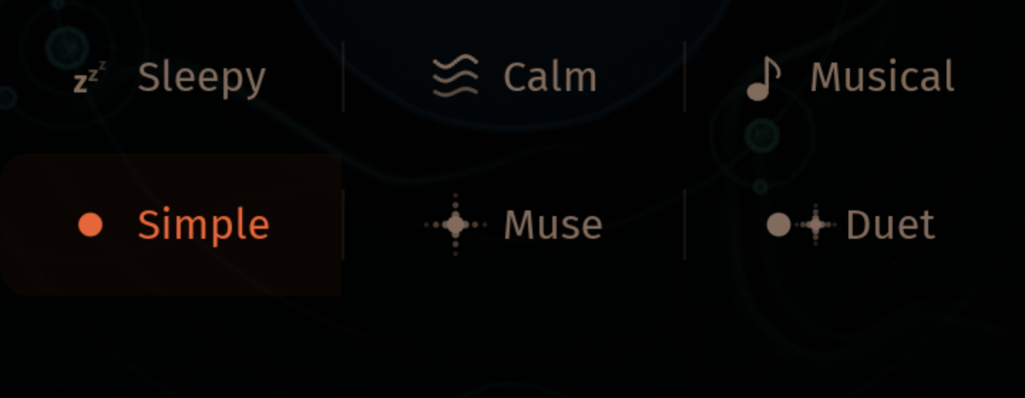 Bottom-bar picker in the Orbit view. The AMBIENCE row (Sleepy / Calm / Musical) sits on top with their icons, and a second row directly beneath shows the AI mode picker — Simple, Muse, and Duet — using single-dot, sparkle, and dot-plus-sparkle icons respectively.