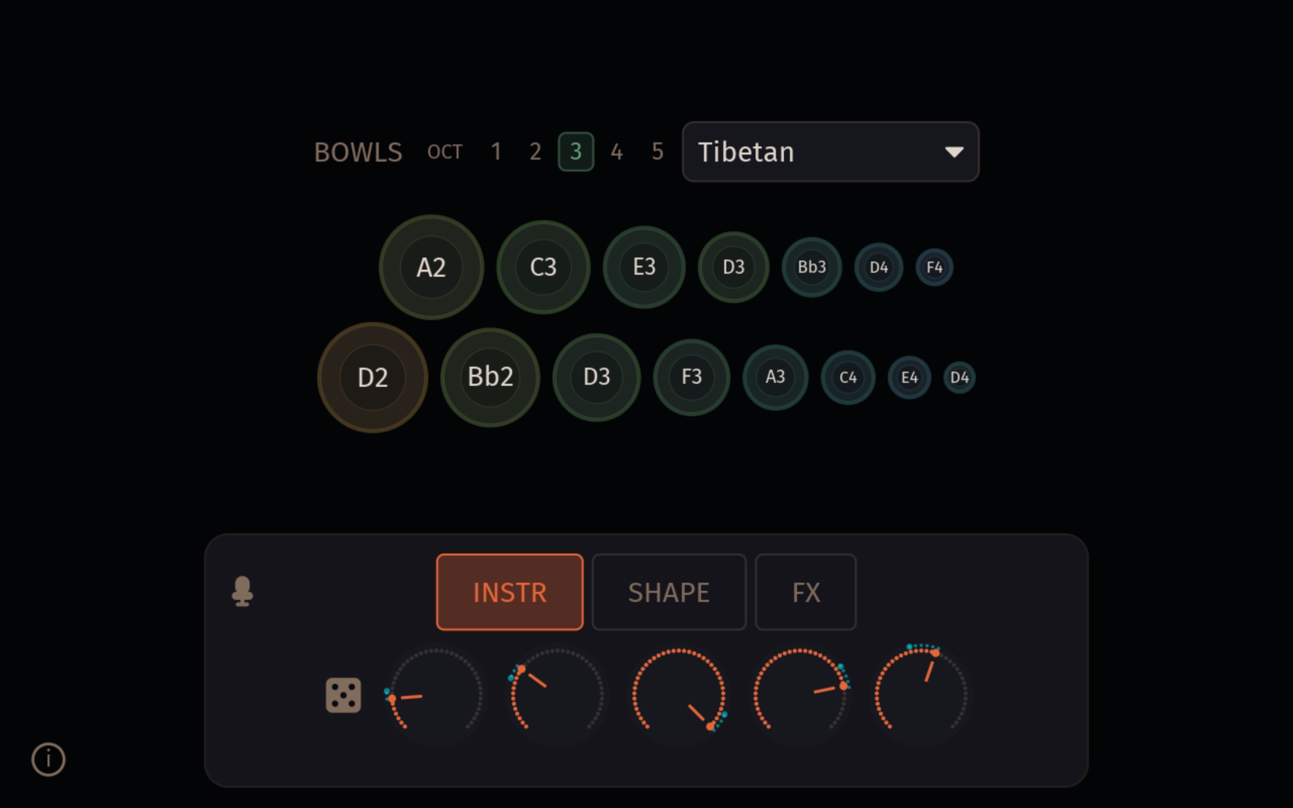 The Sound Bowl in single-instrument mode in the web app: a row of bowls with brightness, decay, sympathetic and bow force knobs