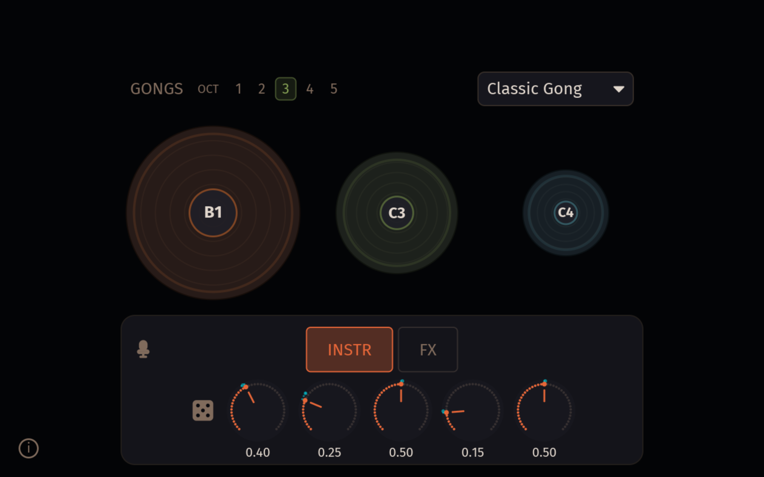The Gong in single-instrument mode in the web app: three gong instances (small, mid, large) with size, nonlinearity, damping and excitation knobs