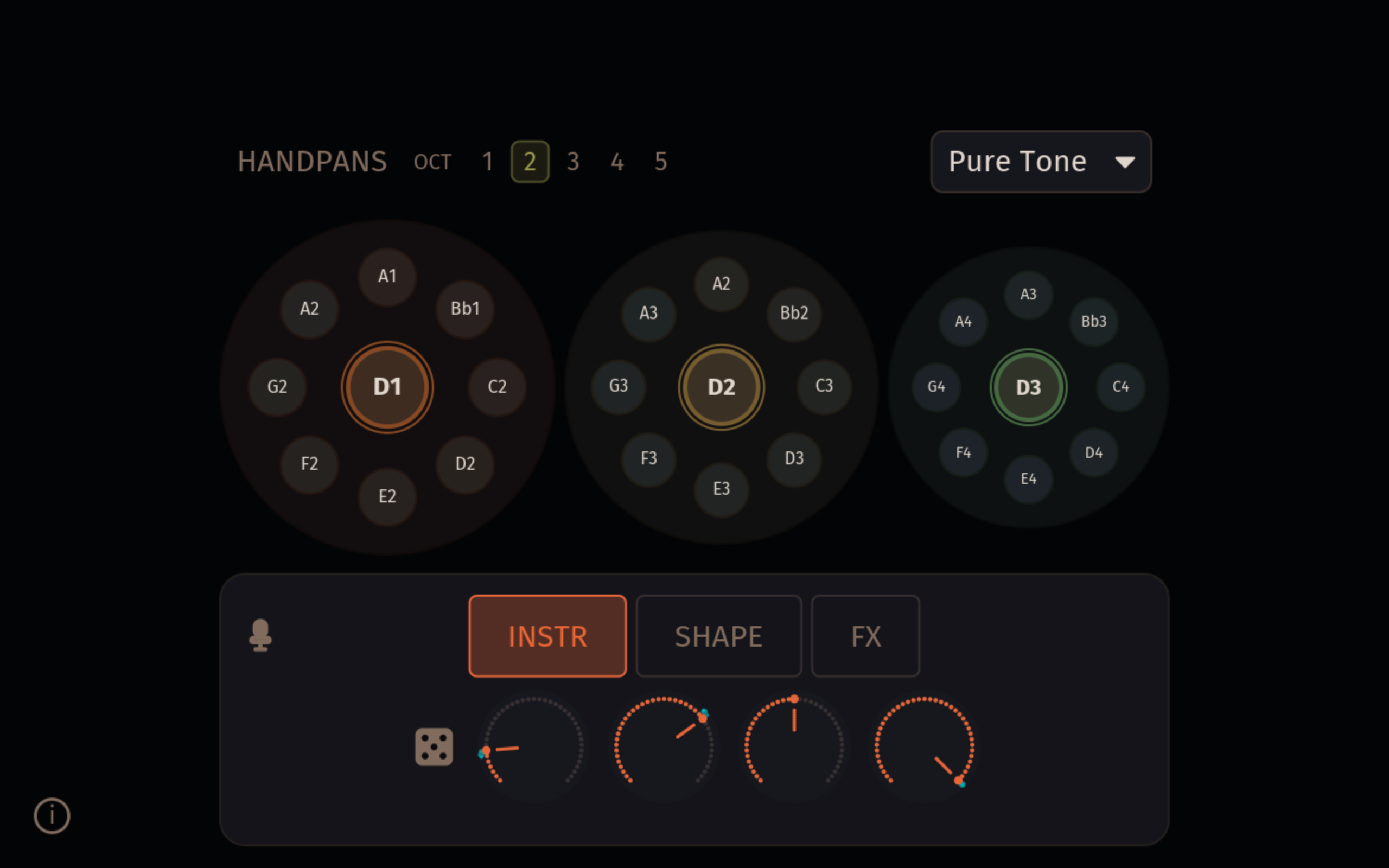 The Handpan in single-instrument mode in the web app: ring of tone fields around a central Ding, with parameter knobs and the scale picker