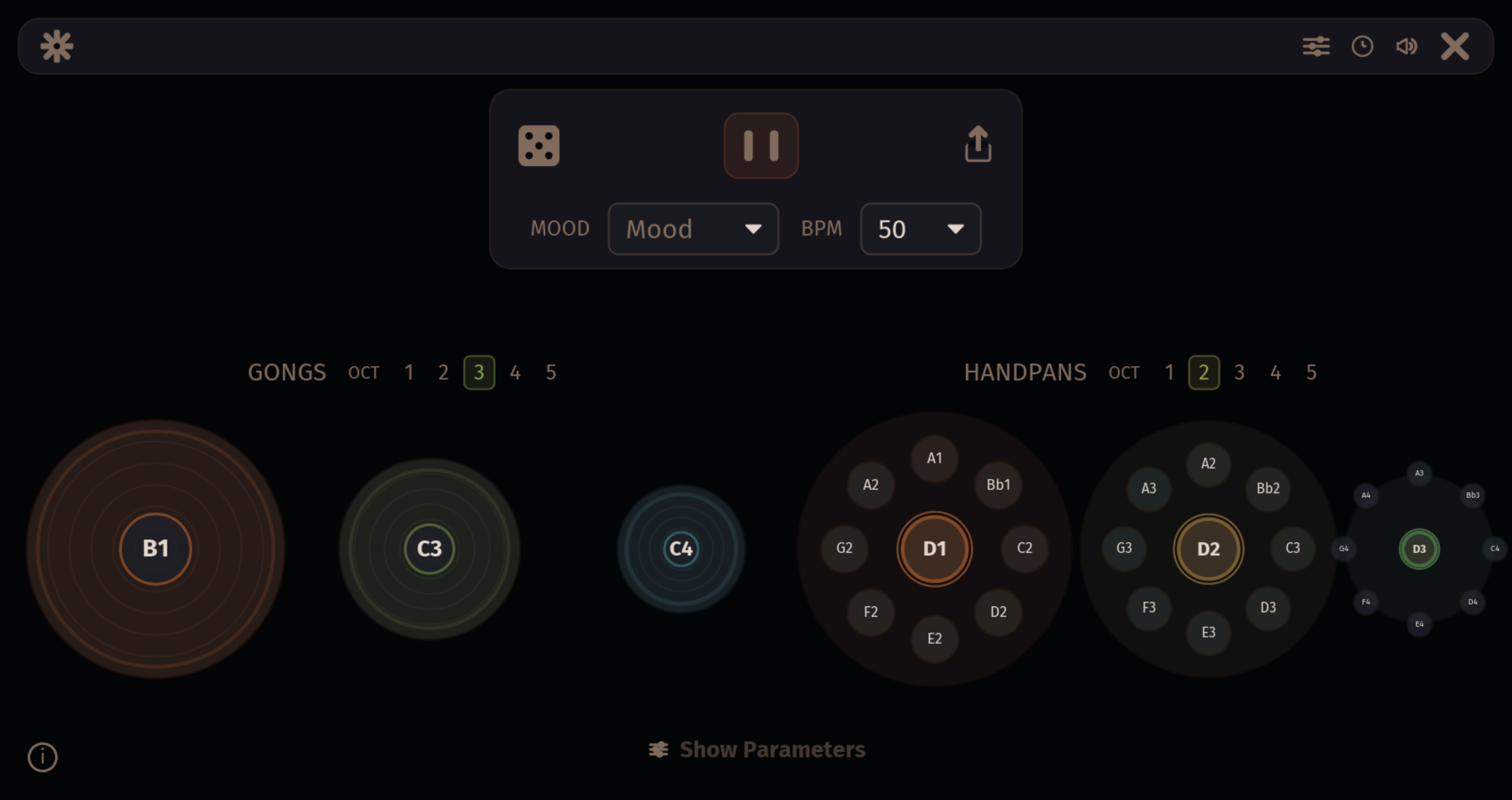 Orbiter's Instruments view: three gong instances and three handpan instances laid out across the orbital backdrop, with the BPM control, reseed dice, play and share buttons in the top toolbar