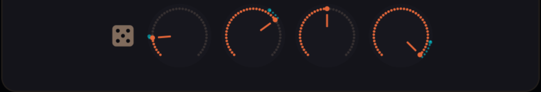 The handpan INSTR-tab knob row. Each knob has an orange dotted arc and pointer marking the user's base setting; outer cyan dots on most knobs mark where modulation has currently moved each parameter to.