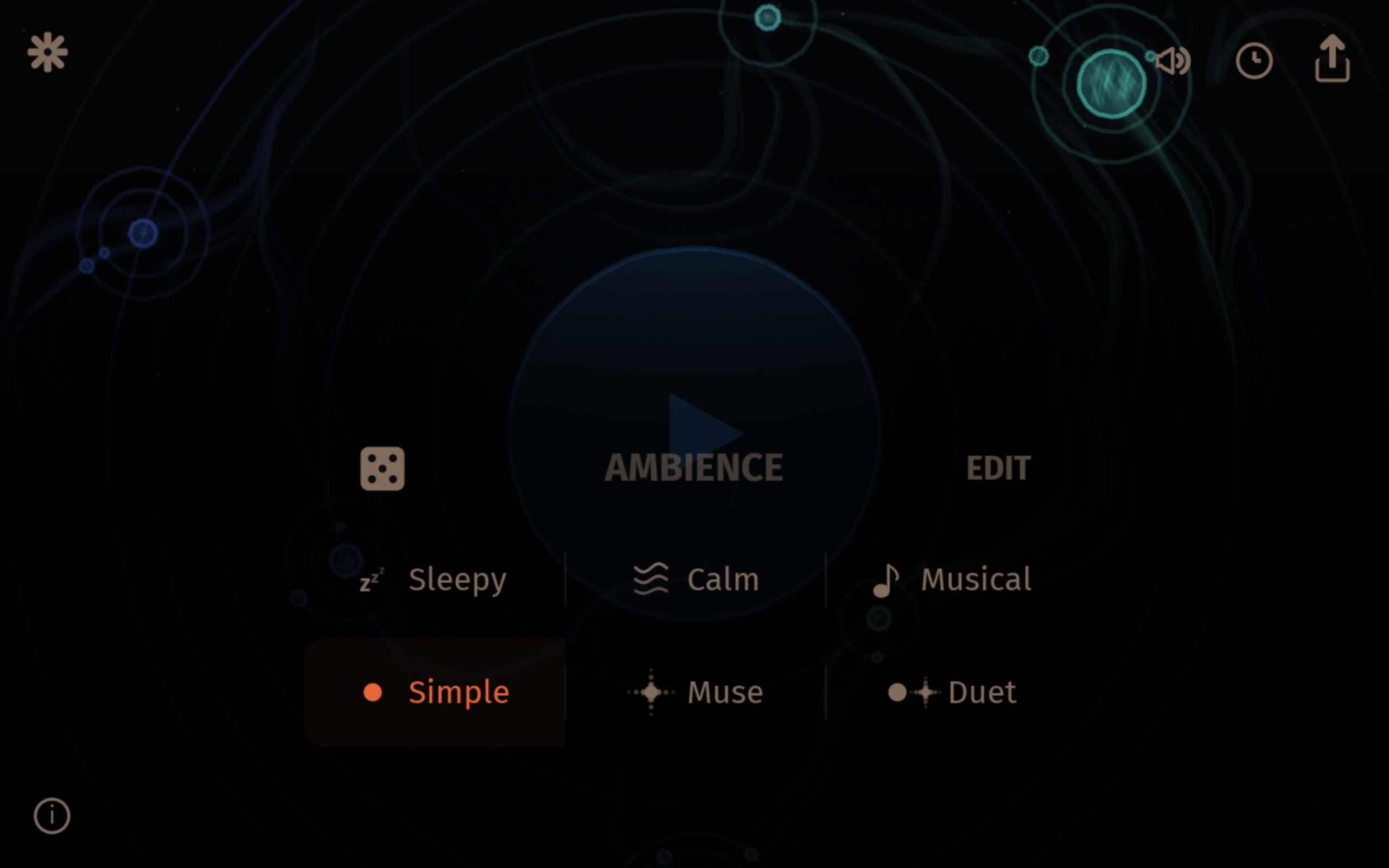 Orbiter's Orbit view: orbiting planets around a central sun, with settings on the top-left and volume / share controls on the top-right